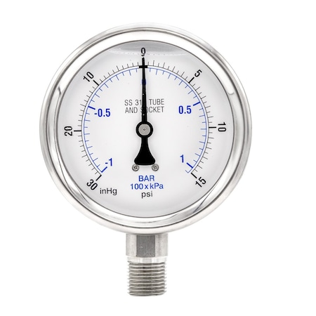 Pro 4 in Dial, 30 in Hg Vac/0/15 PSI & Bar, 1/2 in NPT, Lower Mount Glycerin Filled Pressure Gauge PRO-301L-402CB-01